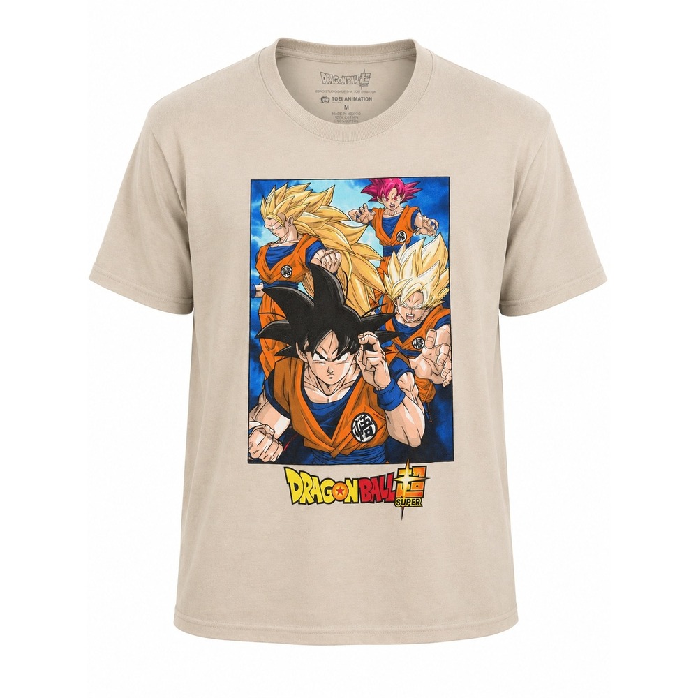 Dragon Ball Super Goku graphic T-shirt in beige/tan, tagged size Medium.